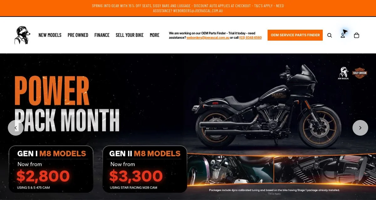 Joe Rascal Harley homepage featuring its motorcycle hero and navigation.