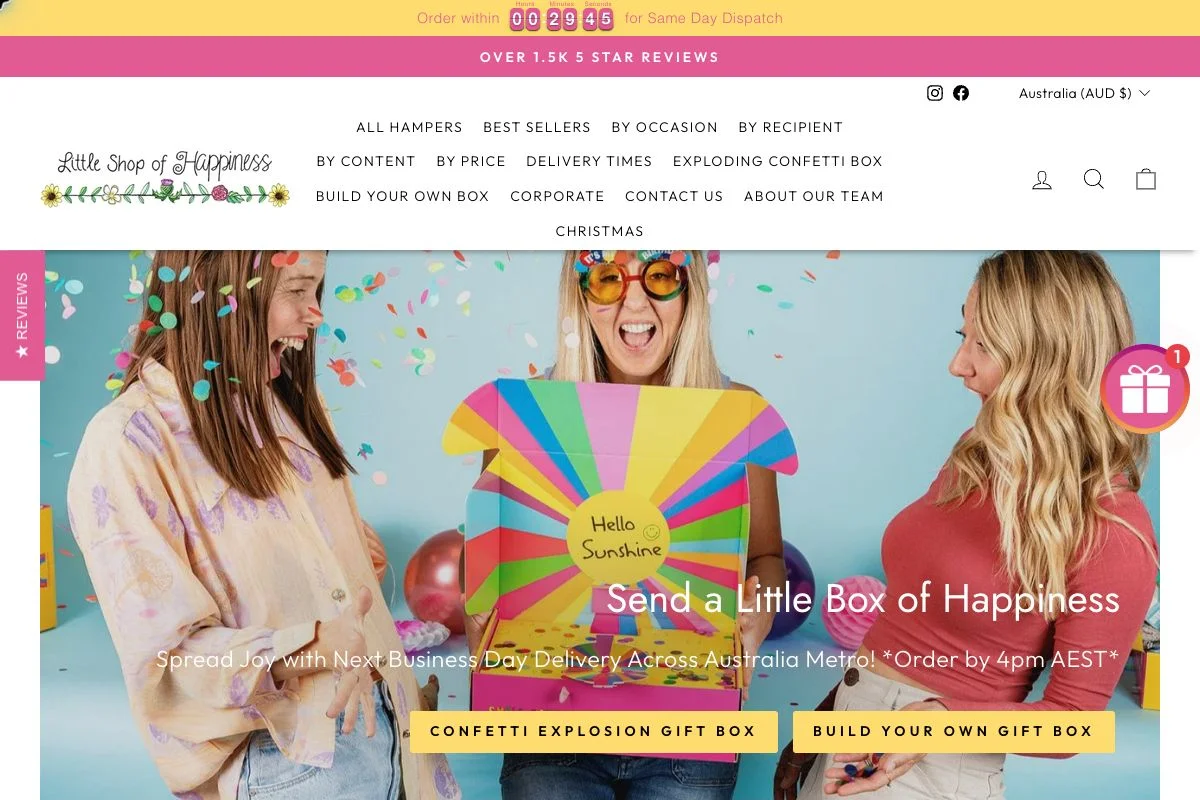 Little Shop of Happiness homepage with its gift-box hero and navigation.